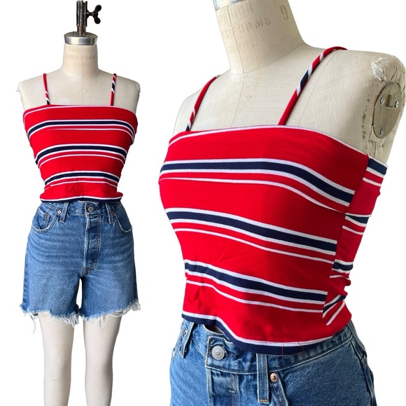 Vintage 90s nautical red crop top spaghetti strap stripe top small - Picture 1 of 5